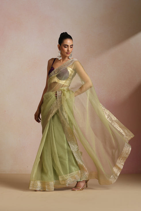 Light Green Organza Saree with Gold Striped Border (Saree Only)