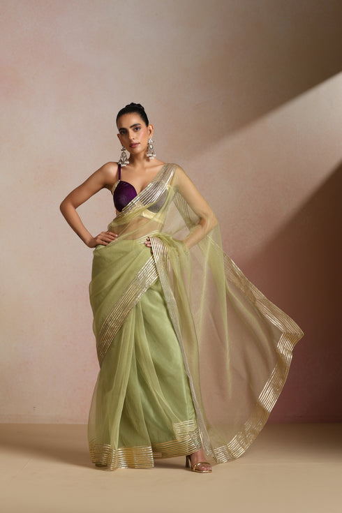 Light Green Organza Saree with Gold Striped Border (Saree Only)