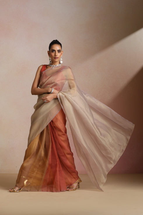 Beige Coral Ombre Organza Saree with Sleeveless Blouse