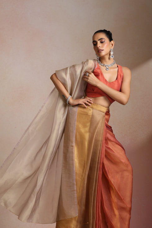 Beige Coral Ombre Organza Saree with Sleeveless Blouse
