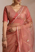 Peach Tissue Saree with Gold Foil Motifs & Geometric Lines