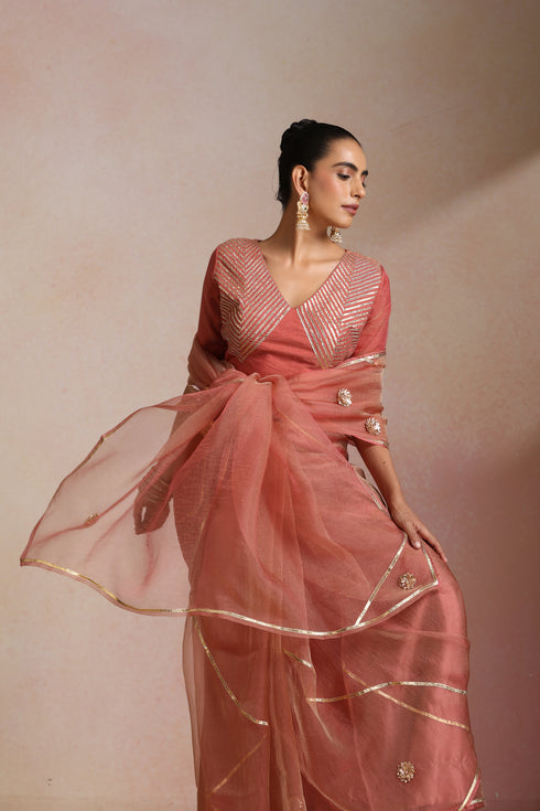 Peach Tissue Saree with Gold Foil Motifs & Geometric Lines