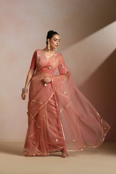 Peach Tissue Saree with Gold Foil Motifs & Geometric Lines