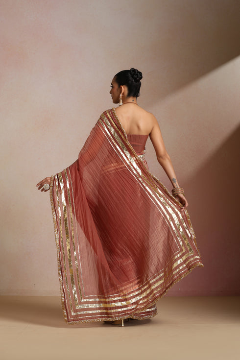 Rust Brown Crush Saree with Gold Striped Frilled Border