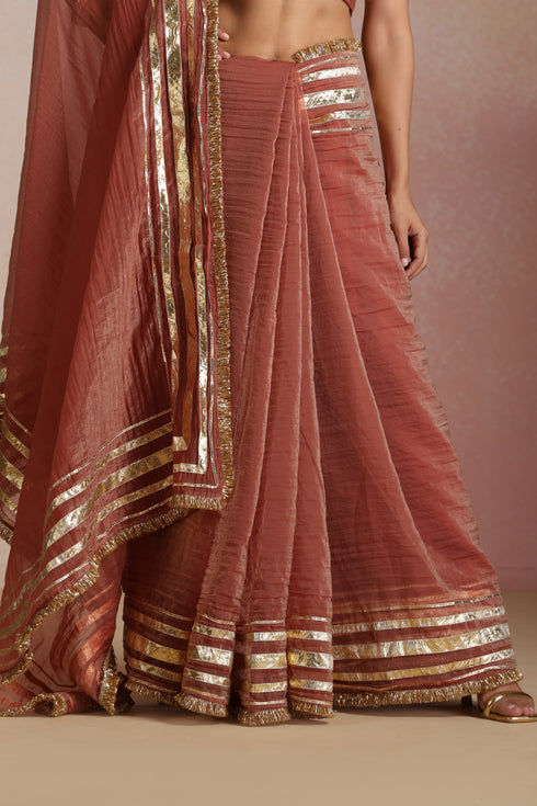Rust Brown Crush Saree with Gold Striped Frilled Border