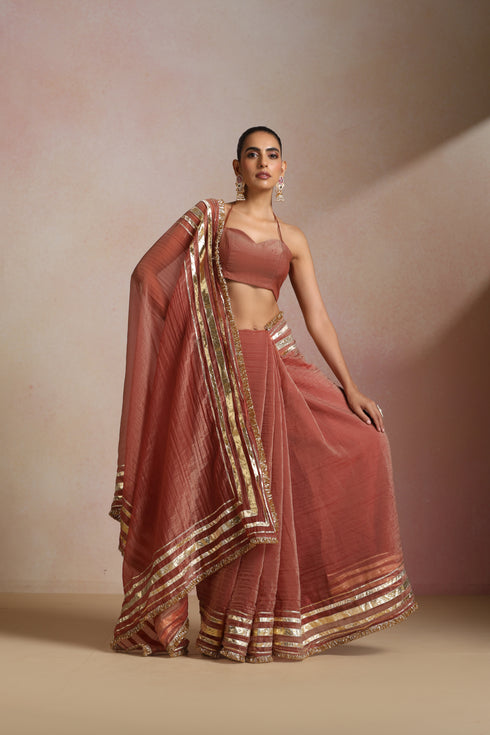 Rust Brown Crush Saree with Gold Striped Frilled Border