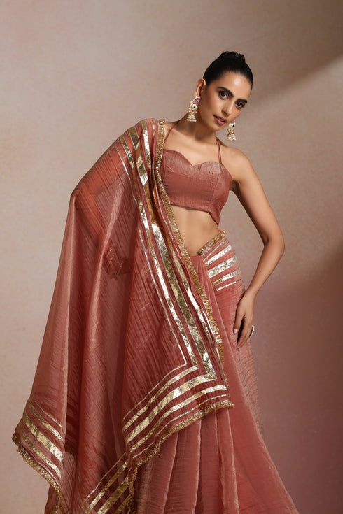 Rust Brown Crush Saree with Gold Striped Frilled Border