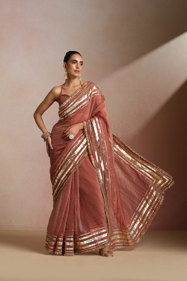 Rust Brown Crush Saree with Gold Striped Frilled Border