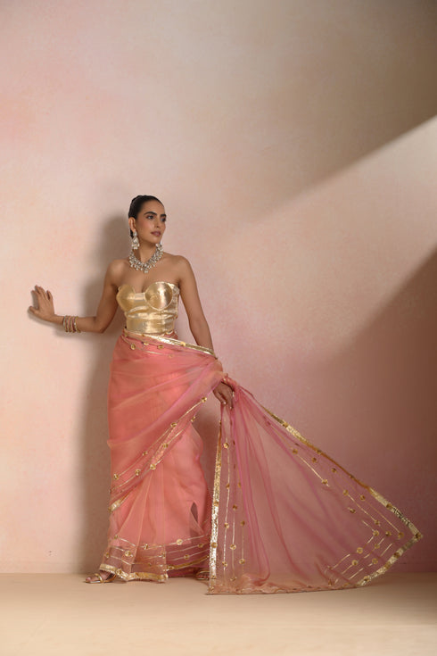 Pink Glass Tissue Organza Gotta Patti Saree