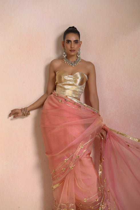 Pink Glass Tissue Organza Gotta Patti Saree