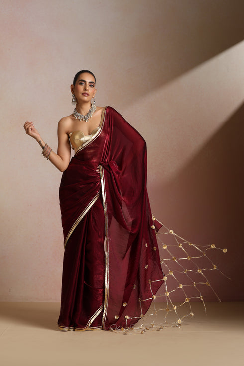 Maroon Silk Saree with Gold Net Trail Pallu (Saree Only)