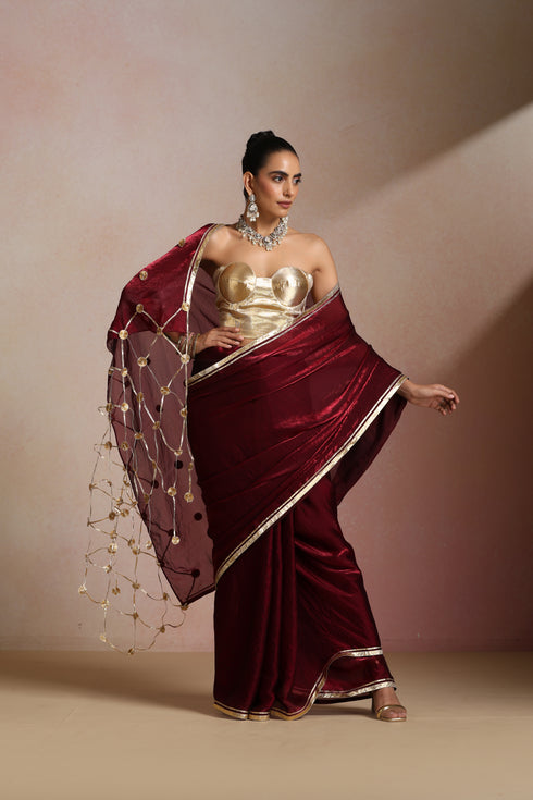 Maroon Silk Saree with Gold Net Trail Pallu (Saree Only)