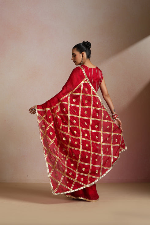 Red Silk Saree with Gold Lampi Lattice Pallu