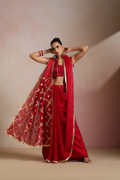 Red Silk Saree with Gold Lampi Lattice Pallu
