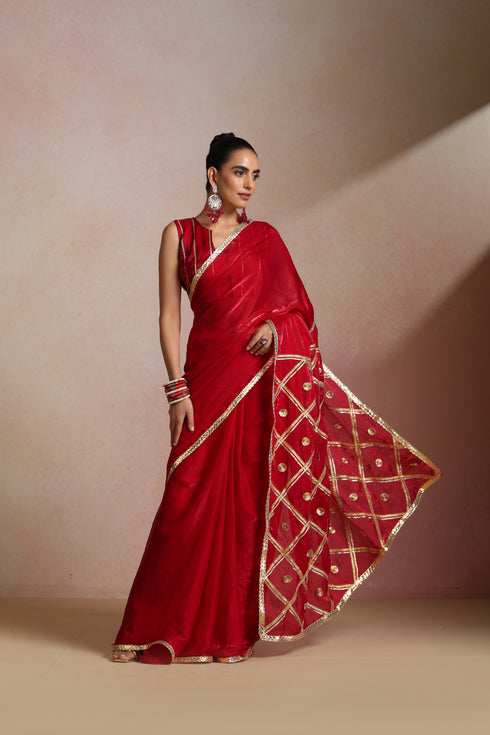 Red Silk Saree with Gold Lampi Lattice Pallu