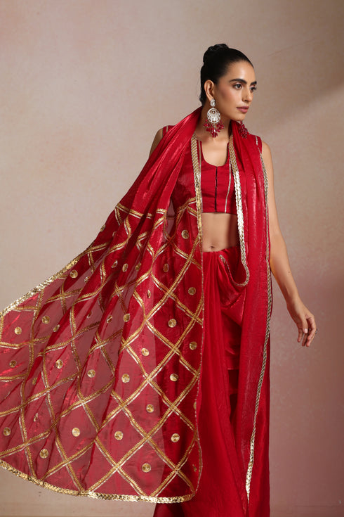 Red Silk Saree with Gold Lampi Lattice Pallu