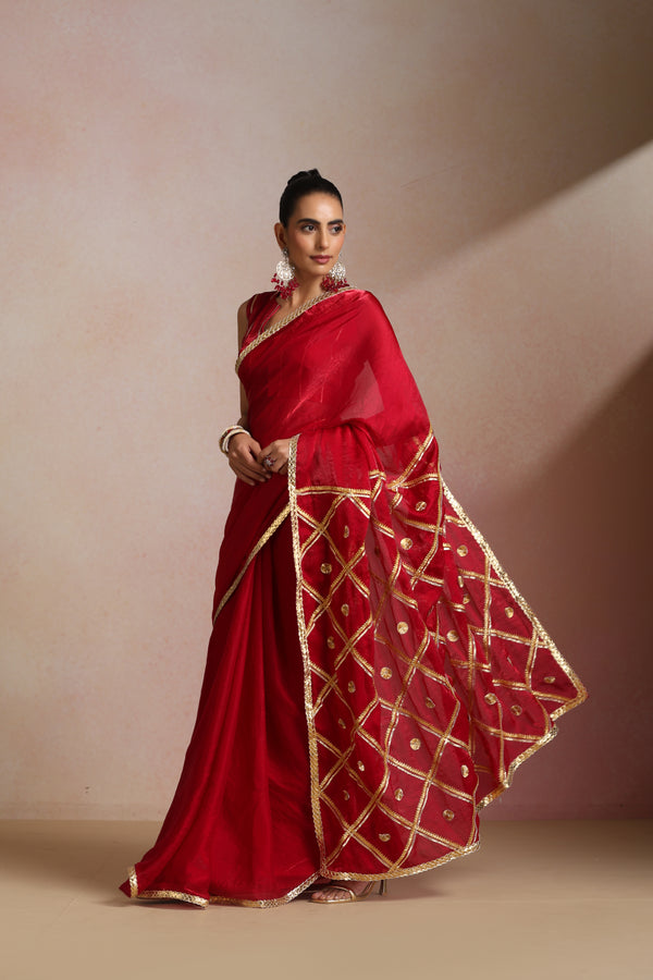 Red Silk Saree with Gold Lampi Lattice Pallu
