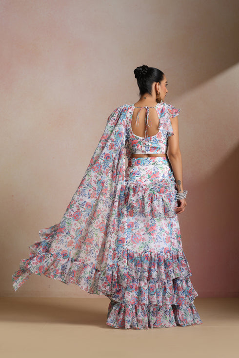 Floral Chiffon Ruffle Saree Gown with Frill Layers