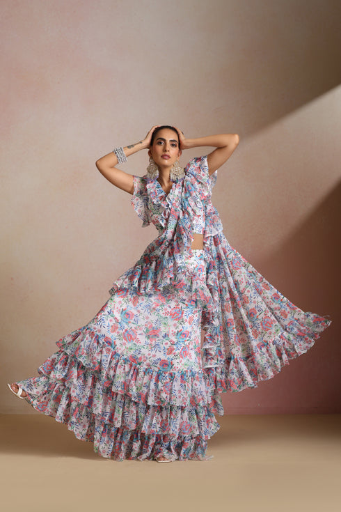 Floral Chiffon Ruffle Saree Gown with Frill Layers