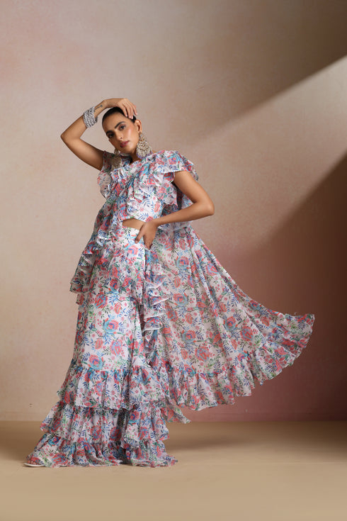 Floral Chiffon Ruffle Saree Gown with Frill Layers