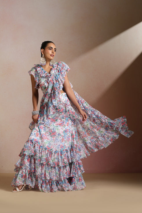 Floral Chiffon Ruffle Saree Gown with Frill Layers