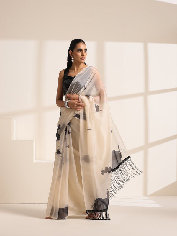Cream Silk Organza Saree with Sequin Lace Pallu