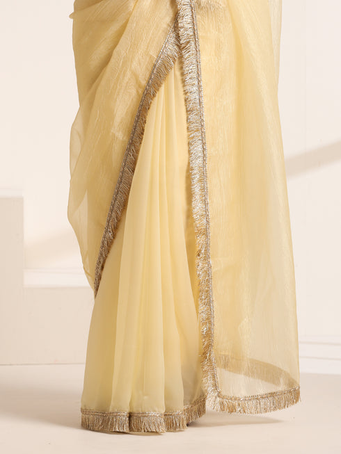 Yellow Silk Organza Saree with Crushed and Golden Lace Border