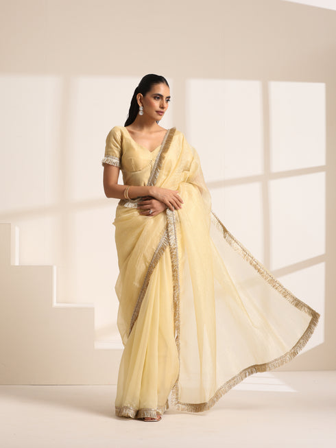 Yellow Silk Organza Saree with Crushed and Golden Lace Border