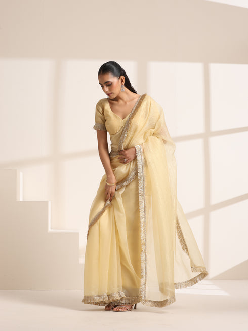 Yellow Silk Organza Saree with Crushed and Golden Lace Border