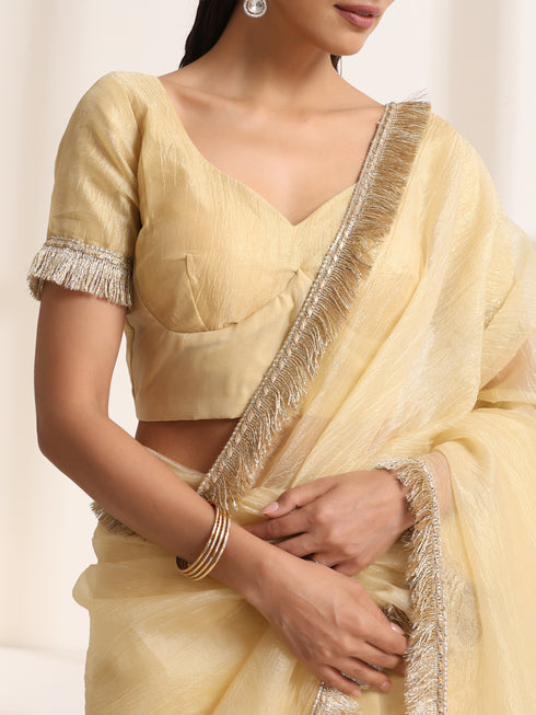 Yellow Silk Organza Saree with Crushed and Golden Lace Border