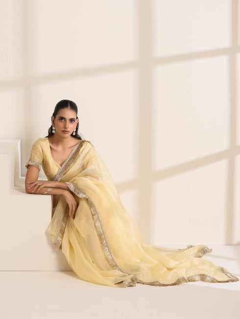 Yellow Silk Organza Saree with Crushed and Golden Lace Border