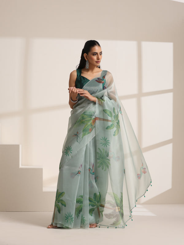 Mint Green Organza Saree with Printed Floral and Bird Design