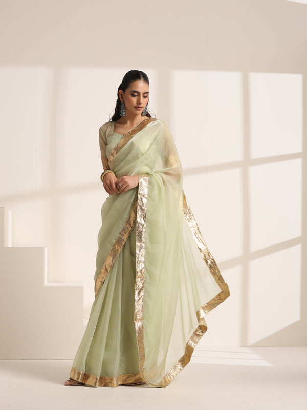 Green Silk Organza Saree with Golden Zari Border