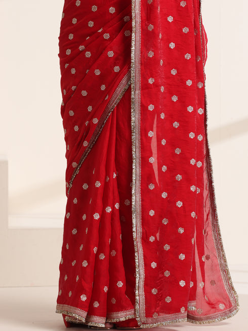 Red Pure Silk Saree with Embroidery and Golden Lace Border
