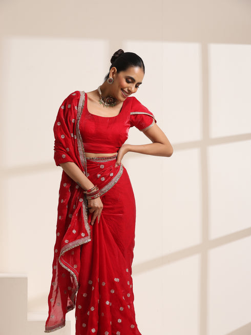 Red Pure Silk Saree with Embroidery and Golden Lace Border