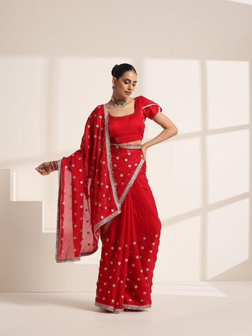 Red Pure Silk Saree with Embroidery and Golden Lace Border