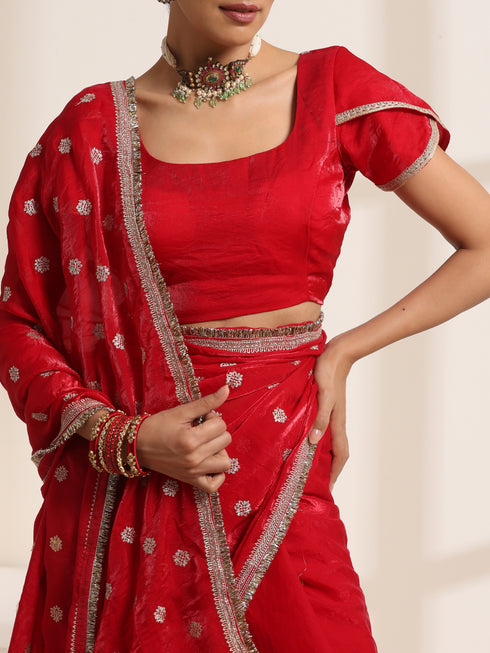 Red Pure Silk Saree with Embroidery and Golden Lace Border