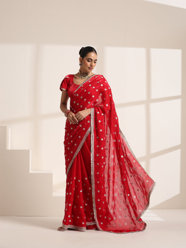 Red Pure Silk Saree with Embroidery and Golden Lace Border