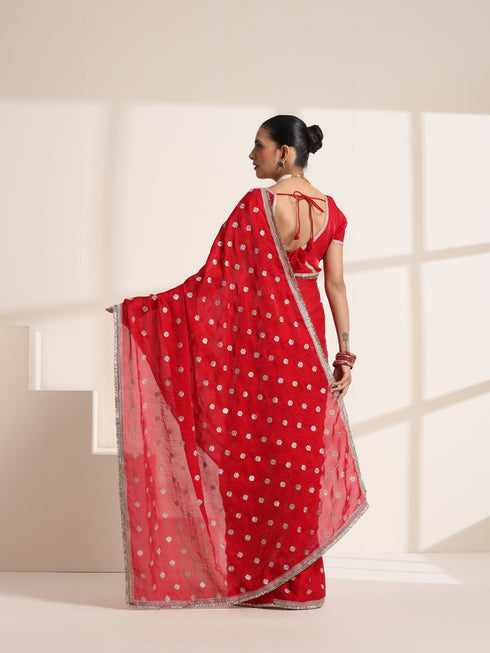 Red Pure Silk Saree with Embroidery and Golden Lace Border