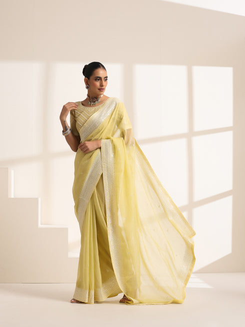 Light Yellow Chiffon Saree with Silver Embroidery Work