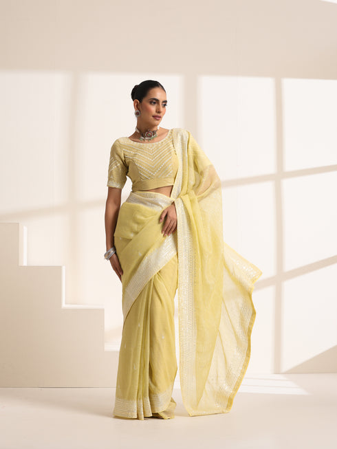 Light Yellow Chiffon Saree with Silver Embroidery Work
