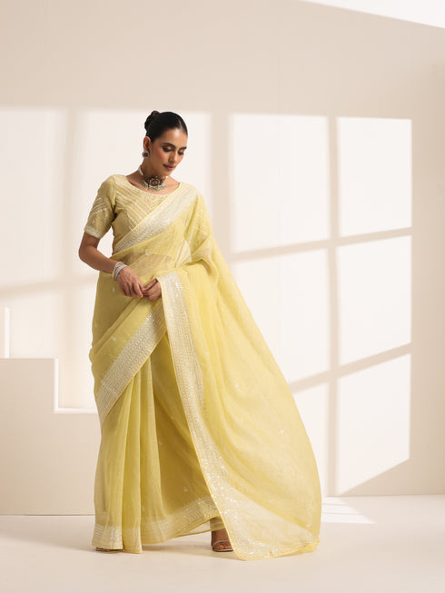 Light Yellow Chiffon Saree with Silver Embroidery Work