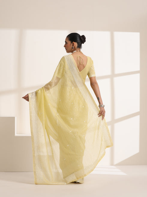 Light Yellow Chiffon Saree with Silver Embroidery Work