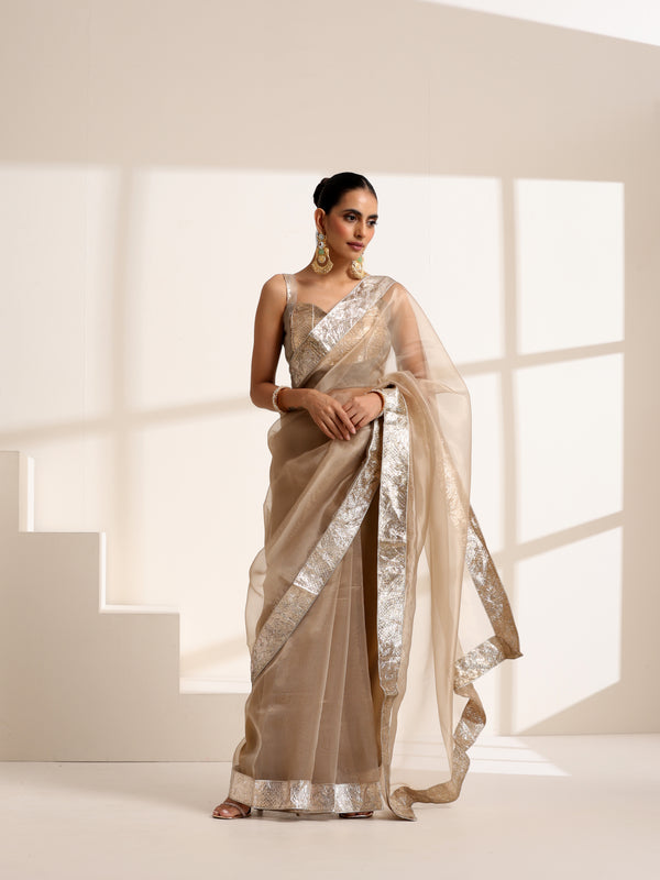Golden Beige Organza Saree with Silver Border