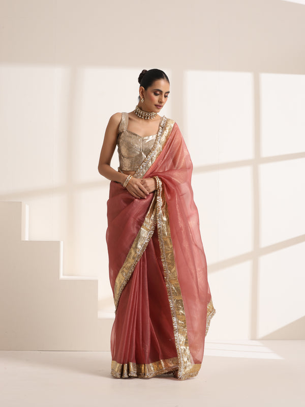 Rose Pink Silk Organza Saree with Golden Zari Border