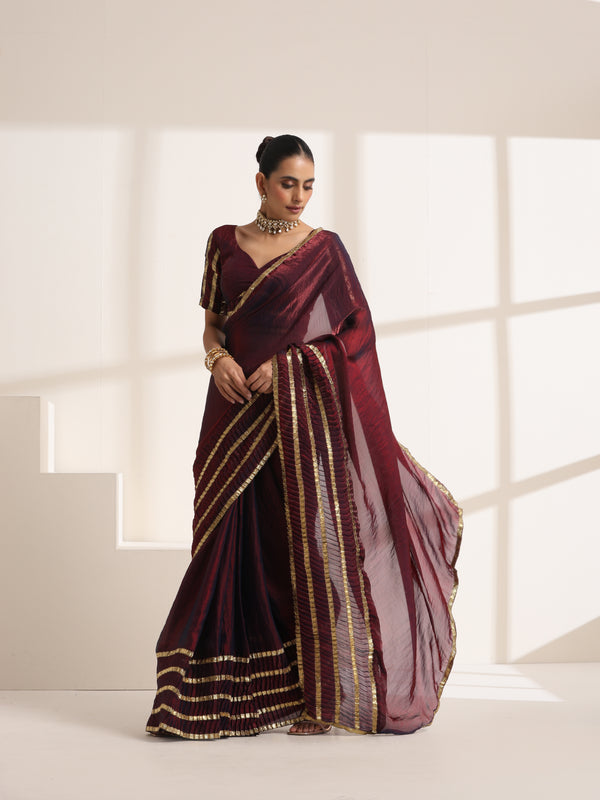 Deep Wine Pure Silk Saree with Golden Striped Border