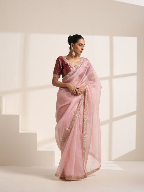 Baby Pink Crush Silk Saree with Golden Lace