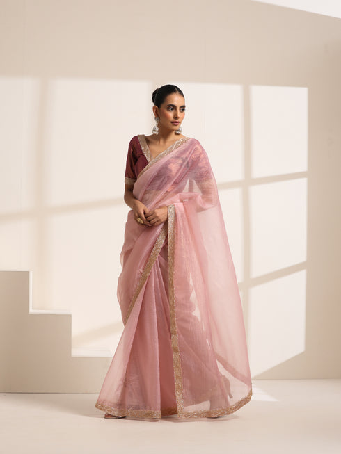 Baby Pink Crush Silk Saree with Golden Lace