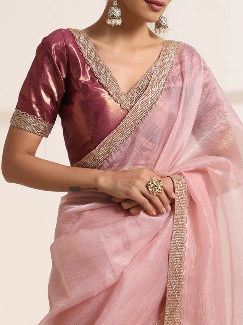 Baby Pink Crush Silk Saree with Golden Lace