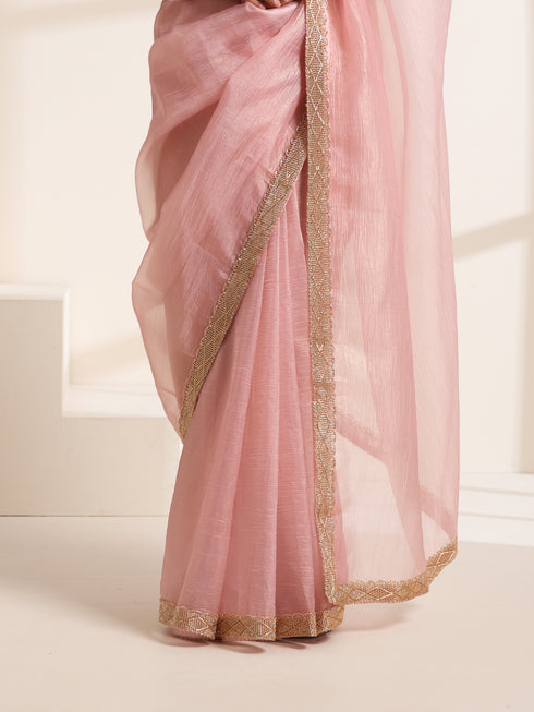 Baby Pink Crush Silk Saree with Golden Lace